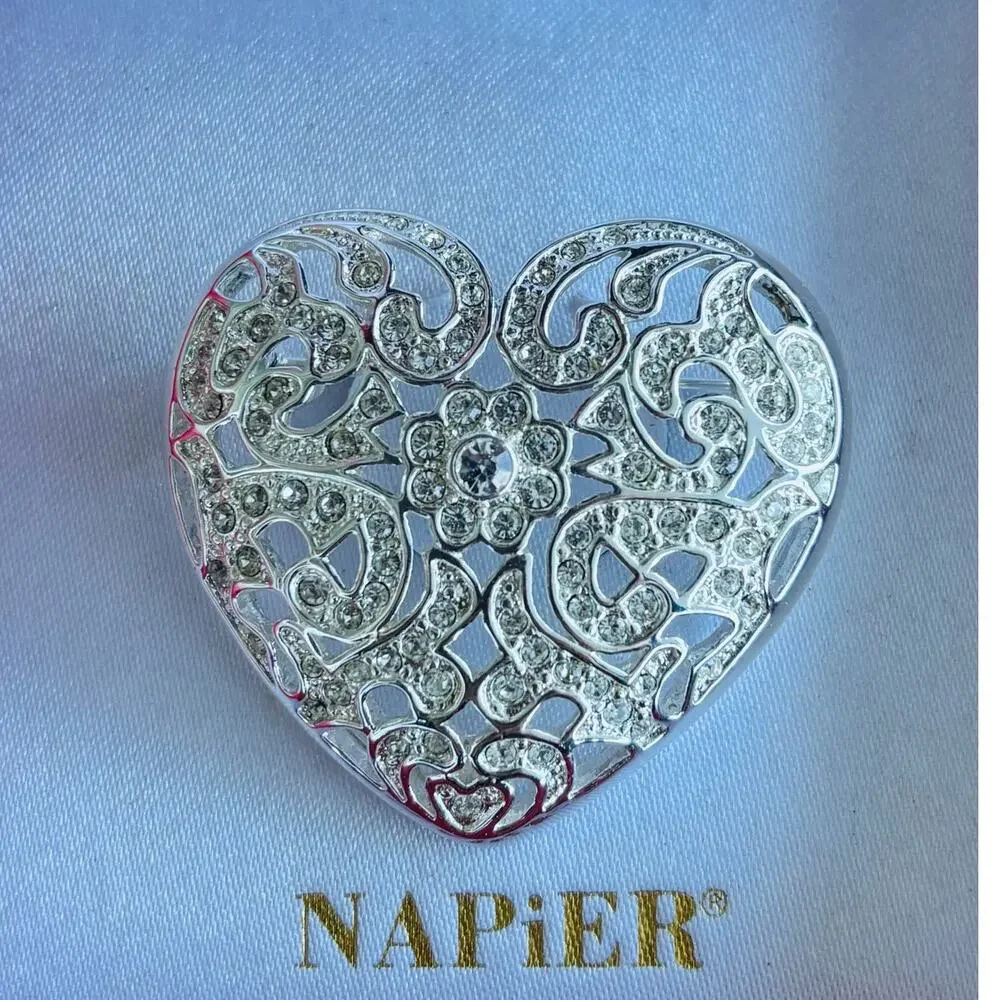 Vintage Napier Silver Heart & Rhinestone Brooch Vintage